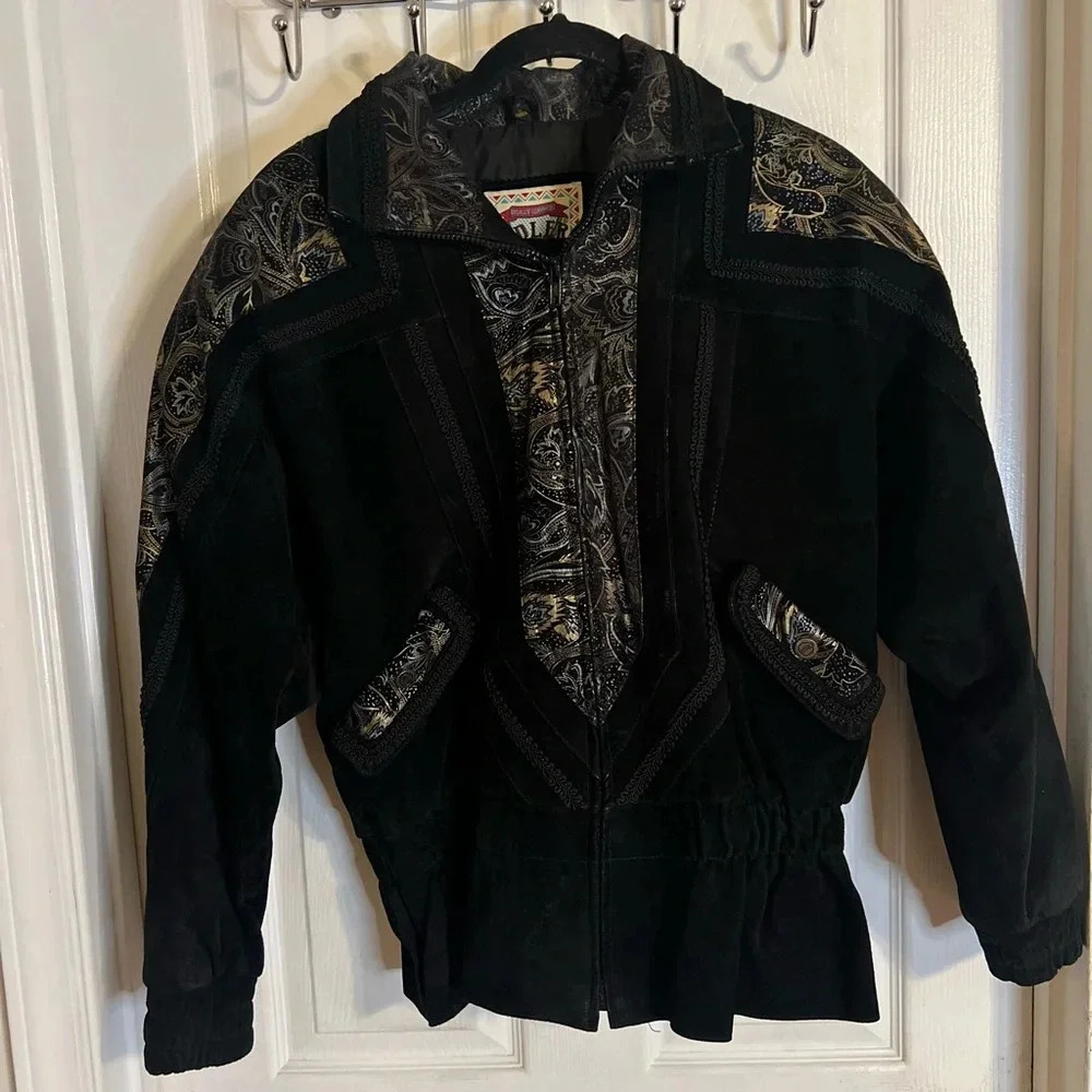 Vtg Adler Suede Leather Coat Women’s Medium 80’s Ruched Paisley Print Patchwork - Picture 1 of 11